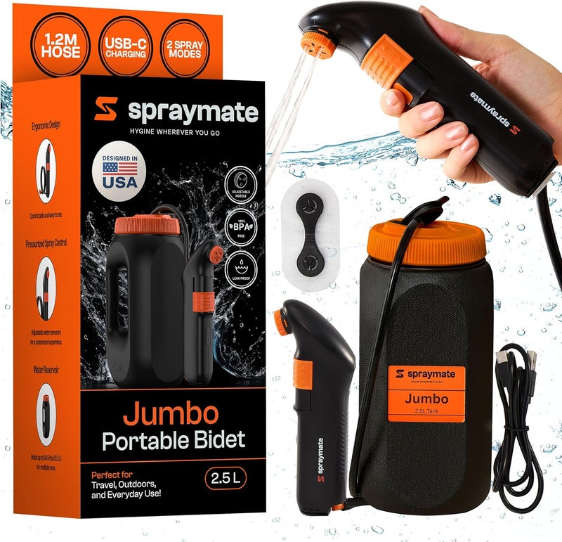 Spraymate Portable Bidet for Travel – Electric High Pressure Rechargeable Bidet for Women & Men | 2.5L Bottle | 1300ML/Min Flow | USB-C | 1600mAh Battery | USA Brand – Spray Mate Jumbo - Image 1